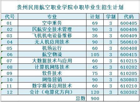 2021年贵州民用航空职业学院中职毕业生招生计划 